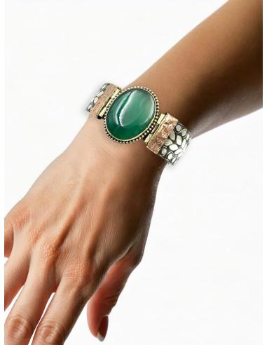 PULSERAS PLATEADAS ANCHAS BRAZALETES PIEDRA VERDE | ACCESORIOS MUJER