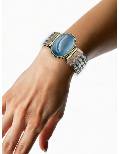 PULSERAS PLATEADAS ANCHAS BRAZALETES PIEDRA AZUL | ACCESORIOS BOHO