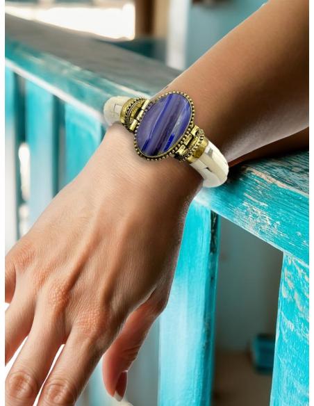 PULSERAS HUESO BLANCO ROTO Y PIEDRA AZUL | ACCESORIOS MUJER ETNICOS