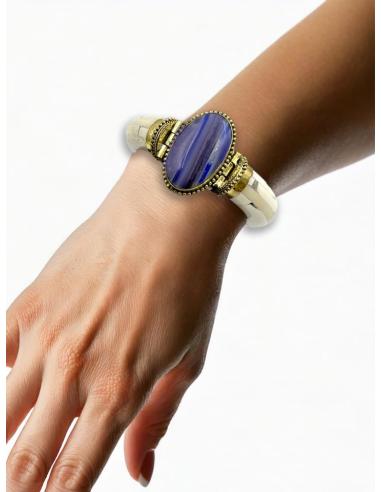 PULSERAS HUESO BLANCO ROTO Y PIEDRA AZUL | ACCESORIOS MUJER ETNICOS