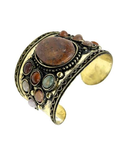 PULSERAS DORADAS BRAZALETE ANCHO PIEDRA MARRON | JOYAS MUJER