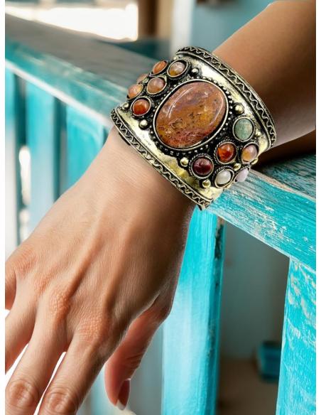 PULSERAS DORADAS BRAZALETE ANCHO PIEDRA MARRON | JOYAS MUJER