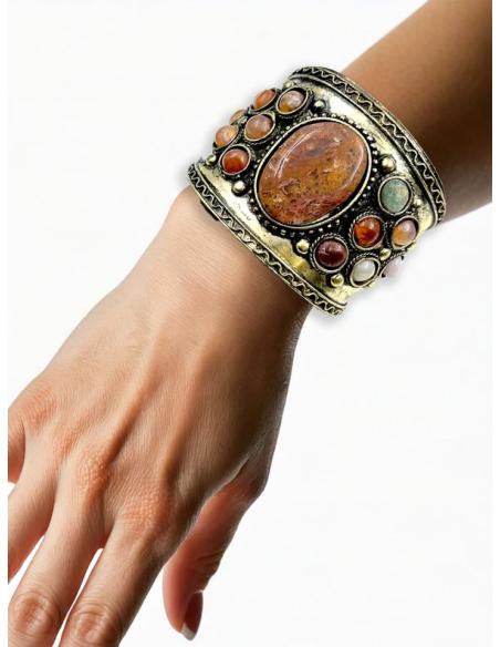 PULSERAS DORADAS BRAZALETE ANCHO PIEDRA MARRON | JOYAS MUJER