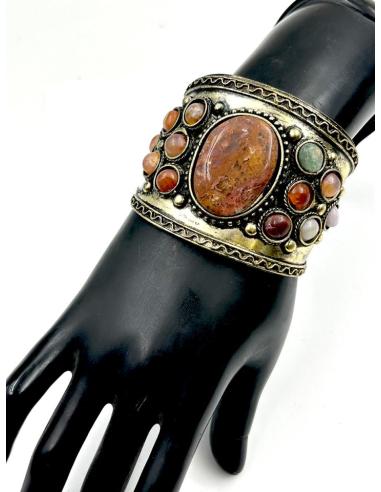 PULSERAS DORADAS BRAZALETE ANCHO PIEDRA MARRON | JOYAS MUJER