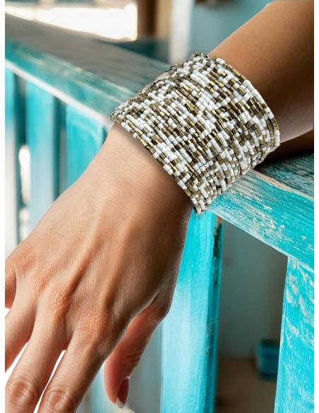 PULSERAS DORADAS Y BLANCAS ANCHAS BRAZALETES BOHO | ACCESORIOS MUJER