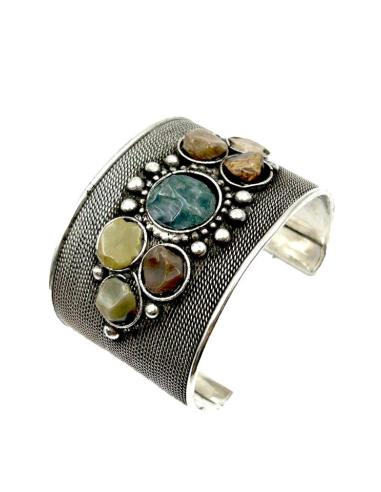 PULSERAS PLATEADAS PEDRERIA BRAZALETE ANCHO BOHO | JOYAS MUJER ETNICAS