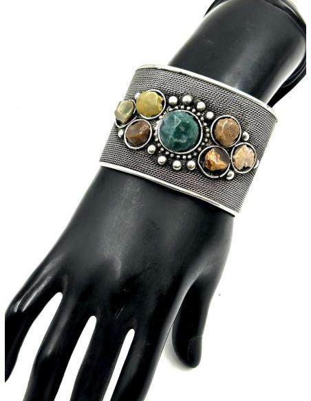 PULSERAS PLATEADAS PEDRERIA BRAZALETE ANCHO BOHO | JOYAS MUJER ETNICAS