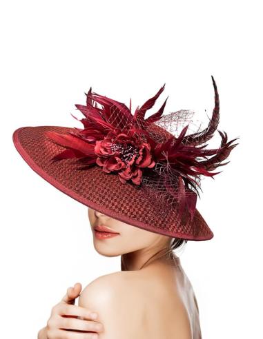 TOCADOS GRANATES PAMELA ELEGANTE CON PLUMAS | TOCADOS BODA
