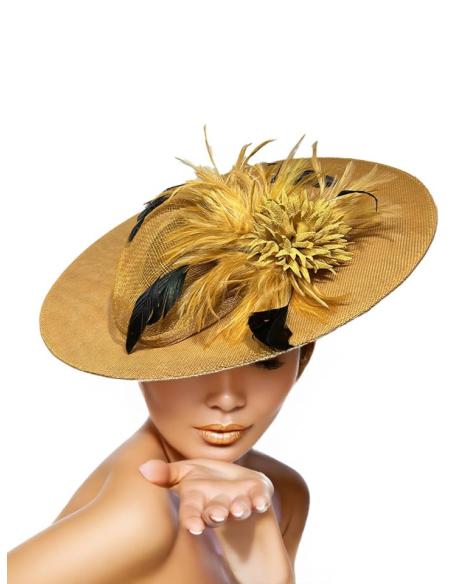 TOCADOS MOSTAZAS OSCURO PAMELA ELEGANTE CON PLUMAS | TOCADOS BODA