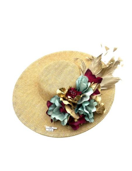 TOCADOS DORADOS DE PLUMAS Y FLORES VERDES Y VINO | TOCADOS BODAS