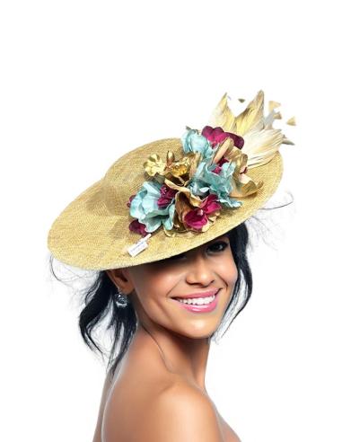 TOCADOS DORADOS DE PLUMAS Y FLORES VERDES Y VINO | TOCADOS BODAS