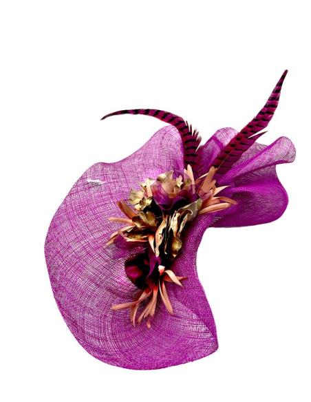 TOCADOS BUGAMBILIAS Y MORADOS CON PLUMAS DE FAISAN | TOCADOS BODA