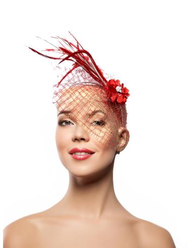 DIADEMAS BODA ROJAS DE FLORES PLUMAS Y REDECILLA | ACCESORIOS INVITADA