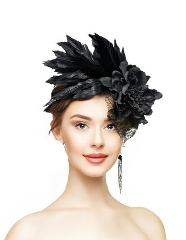 DIADEMAS NEGRAS CON PLUMAS FORES Y REDECILLA | ACCESORIOS PARA BODAS