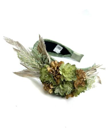 DIADEMAS INVITADA BODA VERDES SECO CON PLUMAS | TOCADOS MUJER