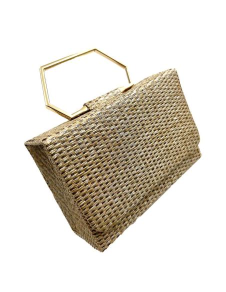 BOLSOS ORO ROSA ESTILO RAFIA CON ASA DORADA | BOLSOS INVITADA