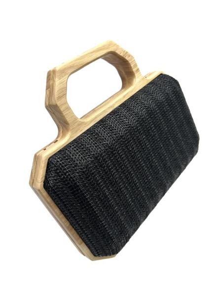 BOLSOS BODA NEGROS CLUTCH ESTILO RAFIA ASA MADERA | BOLSOS INVITADA
