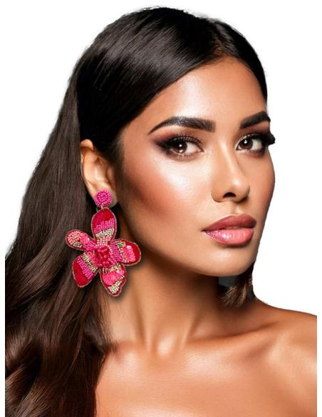 PENDIENTES LARGOS DE INVITADA BODA FLORES FUCSIAS | PENDIENTES MUJER