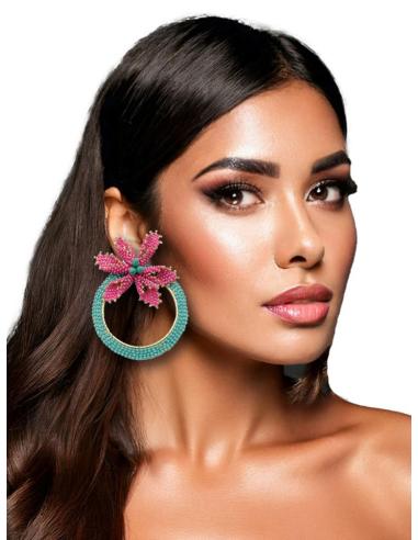 PENDIENTES MUJER AROS AZULES TURQUESAS CON FLORES | JOYAS INVITADAS Y FLAMENCAS