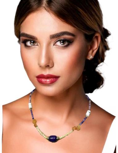 COLLARES MUJER DE PIEDRA MORADOS Y NARANJAS CORTOS | JOYAS ACERO