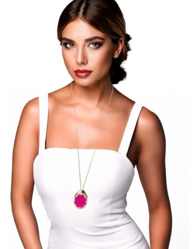 COLLARES LARGOS DORADOS CON COLGANTE PIEDRA FUCSIA | JOYAS PARA MUJER