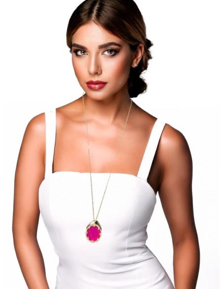 COLLARES LARGOS DORADOS CON COLGANTE PIEDRA FUCSIA | JOYAS PARA MUJER