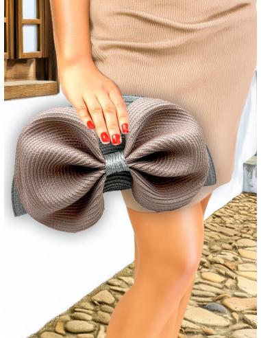 BOLSOS GRISES Y ROSAS ABANICO LAZO RAFIA DE BODA | BOLSOS INVITADA