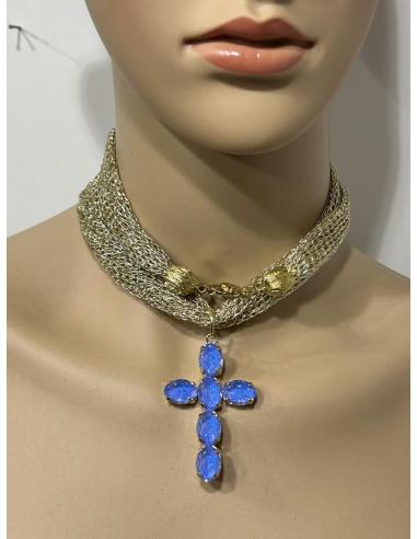 COLLARES DORADOS CON CRUCES AZULONAS DE MODA | COLGANTES DE CRUZ