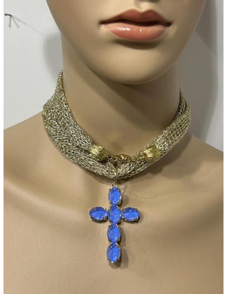 COLLARES DORADOS CON CRUCES AZULONAS DE MODA | COLGANTES DE CRUZ
