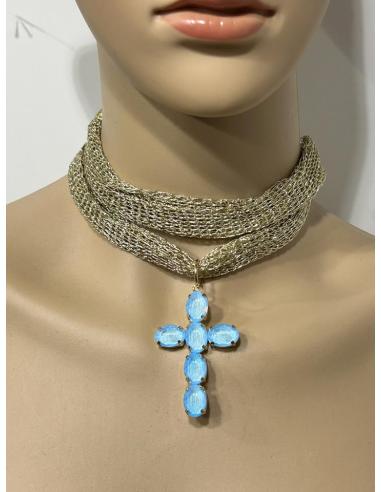 COLLARES DORADOS CON CRUCES AZULES CLARO DE MODA | COLGANTES DE CRUZ