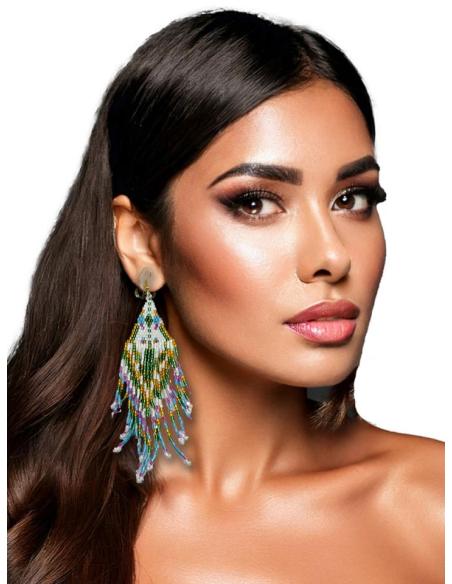 PENDIENTES LARGOS DE FLECOS BLANCOS AZULES Y VERDE | ACCESORIOS VERANO