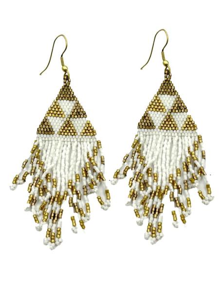 PENDIENTES BLANCOS Y DORADOS LARGOS CON FLECOS | ACCESORIOS BOHO CHIC