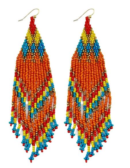 PENDIENTES LARGOS NARANJAS Y FLECOS MULTICOLORES | MODA BOHEMIA