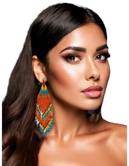 PENDIENTES LARGOS NARANJAS Y FLECOS MULTICOLORES | MODA BOHEMIA