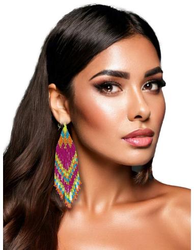 PENDIENTES LARGOS FUCSIAS Y MULTICOLOR CON FLECOS | MODA BOHEMIA