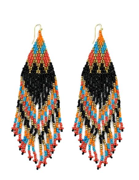 PENDIENTES LARGOS NEGROS Y MULTICOLORES CON FLECOS | MODA BOHEMIA
