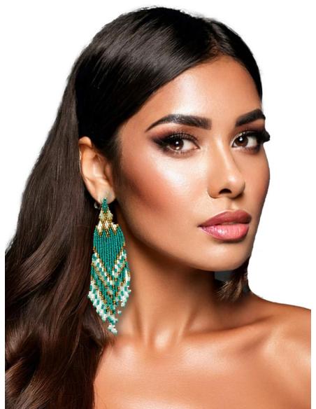 PENDIENTES LARGOS VERDES TURQUESAS CON FLECOS BOHO | MODA BOHEMIA