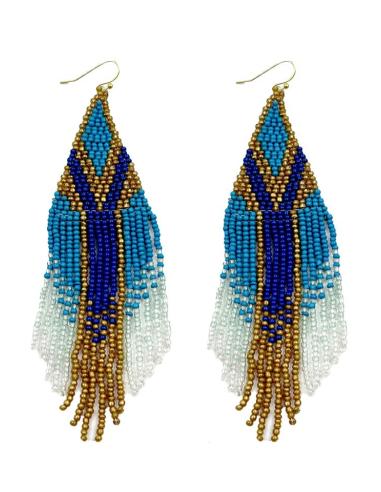 PENDIENTES LARGOS AZULES TURQUESA AZULON Y FLECOS | MODA BOHEMIA