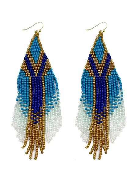 PENDIENTES LARGOS AZULES TURQUESA AZULON Y FLECOS | MODA BOHEMIA