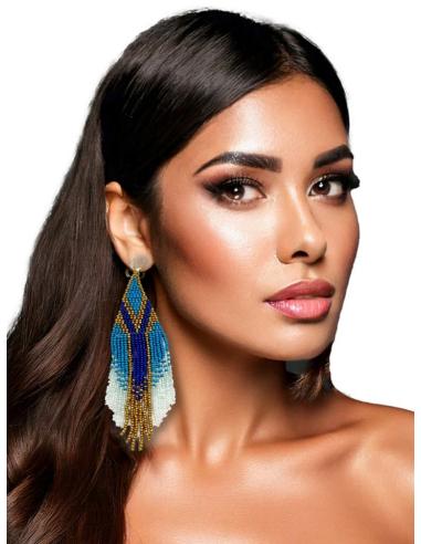 PENDIENTES LARGOS AZULES TURQUESA AZULON Y FLECOS | MODA BOHEMIA