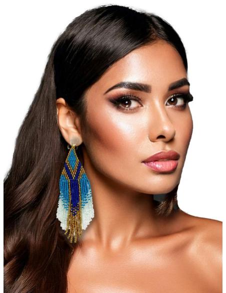PENDIENTES LARGOS AZULES TURQUESA AZULON Y FLECOS | MODA BOHEMIA