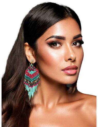 PENDIENTES CON FLECOS LARGOS TURQUESAS Y FUCSIAS | ACCESORIOS MUJER