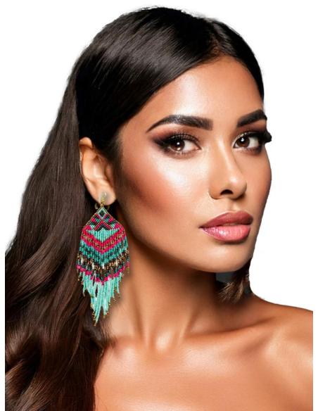PENDIENTES CON FLECOS LARGOS TURQUESAS Y FUCSIAS | ACCESORIOS MUJER