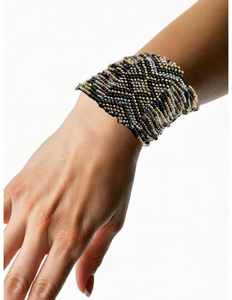 PULSERAS ETNICAS ANCHAS NEGRAS DORADAS Y GRISES | ACCESORIOS MUJER