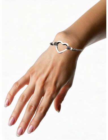 PULSERAS MUJER CUERO MARRON Y CORAZON PLATEADO | EL JARDIN DEL DESEO