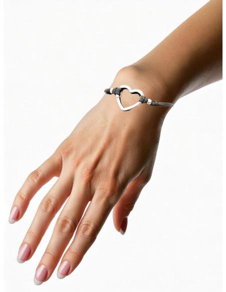 PULSERAS MUJER CUERO MARRON Y CORAZON PLATEADO | EL JARDIN DEL DESEO