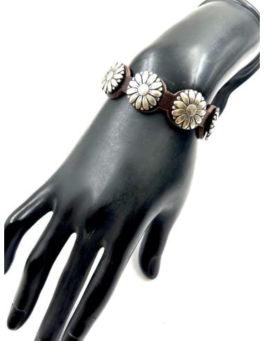 PULSERAS MUJER CUERO CON GIRASOLES PLATEADOS | EL JARDIN DEL DESEO