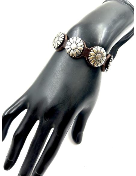 PULSERAS MUJER CUERO CON GIRASOLES PLATEADOS | EL JARDIN DEL DESEO