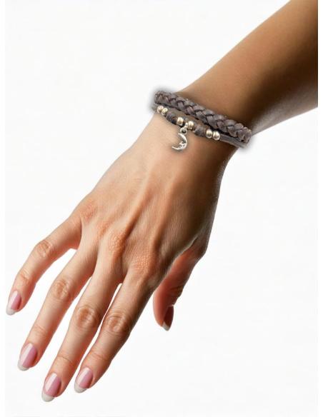 PULSERAS MUJER CUERO MARRON Y LUNA PLATEADA | EL JARDIN DEL DESEO