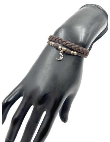 PULSERAS MUJER CUERO MARRON Y LUNA PLATEADA | EL JARDIN DEL DESEO
